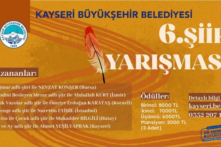 Kayseri Büyükşehir Belediyesi’nin geleneksel hale getirdiği 6’ncı şiir yarışması sonuçlanırken,